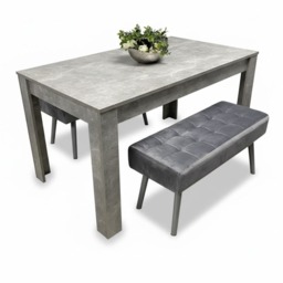 Stone Grey Effect Wood Dining Table Set with 2 Grey Velvet Benches Stylish Dining Room Furniture