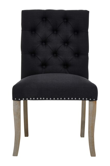 Black Linen Dining Chair With Wooden Legs,Metallic Silver Studded Dining Seat,Comfortable Chair,Accent Chair Black