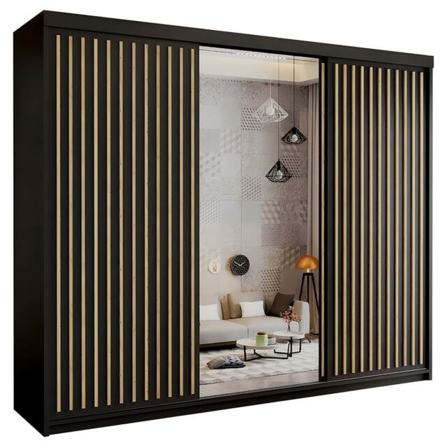 Sliding Wardrobes 4U Modern Vertical Panelled Mirror Sliding Wardrobe – 150cm to 250cm, White, Black, Grey, Oak Black (Oak Strip) 250cm
