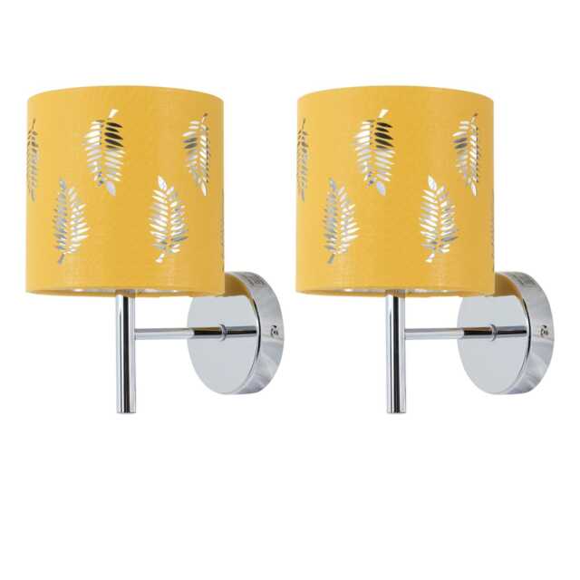 Set of 2 Brea - Chrome Wall Lights with Ochre Fern Shades Chrome Yellow 2