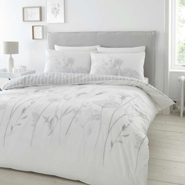 Catherine Lansfield Meadowsweet Floral Reversible Double Duvet Cover Set White Grey
