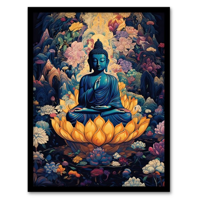 Buddha Lotus Flower Nirvana Mindfulness Meditation Black Framed Wall Art Print A4