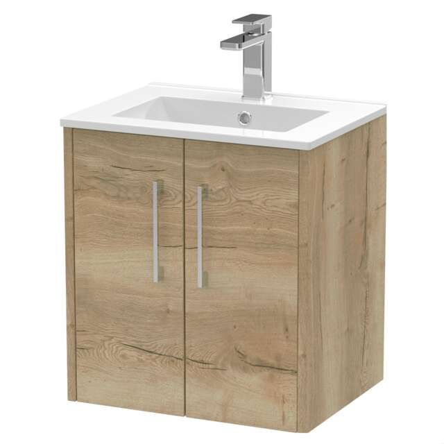 Balterley Winshill Contemporary 2 Door Wall Hung Vanity Unit with Minimalist Basin, Light Oak, 500mm