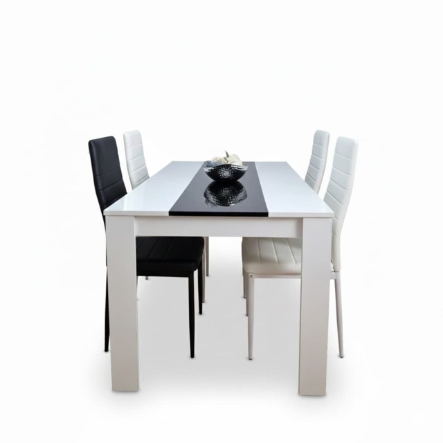 White Black Dining Table with 4 Faux Leather Chairs Dining Set for Kitchen Room