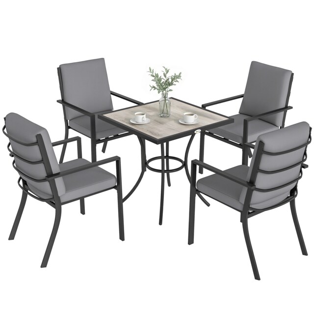 Outsunny 5 Pieces Outdoor Dining Set with Cushions, Garden Dining Set for 4 Grey Grey wood effect Table: 80L x 80W x 72H cm Chair: 58W x 72D x 92H cm
