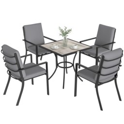 Outsunny 5 Pieces Outdoor Dining Set with Cushions, Garden Dining Set for 4 Grey Grey wood effect Table: 80L x 80W x 72H cm Chair: 58W x 72D x 92H cm