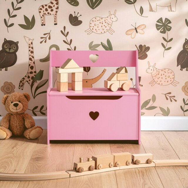 Orsina Pink Heart Wooden Storage Bench Seat, Fun and Functional Wooden Storage Box with Seat, Pink Toy Storage