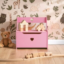 Orsina Pink Heart Wooden Storage Bench Seat, Fun and Functional Wooden Storage Box with Seat, Pink Toy Storage