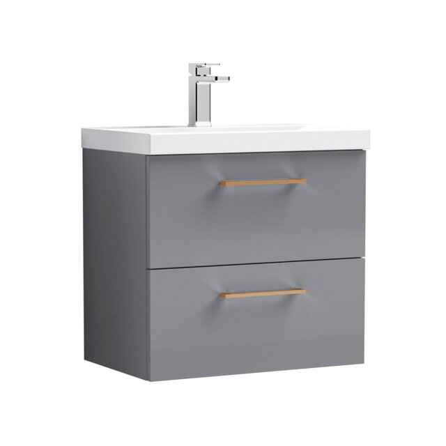 Balterley Wall Hung Bathroom 2 Drawer Vanity Unit and 1 Tap Hole Ceramic Basin, with Handles Grey Satin Grey