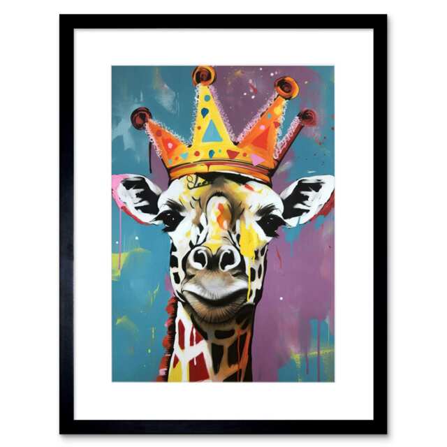 "Giraffe Wearing a Crown King Queen Modern Pop 9x7"" Black Framed Wall Art Print"