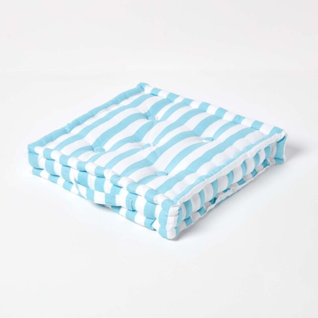 Homescapes Cotton Blue Thick Stripe Floor Cushion - 50 x 50 cm Blue 50 x 50 cm