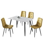 120cm Ceramic Top Dining Table & 4 Plush Velvet Chairs With Metal Leg Modern Set Multi Gloss White + 4 Yellow Velvet Chairs