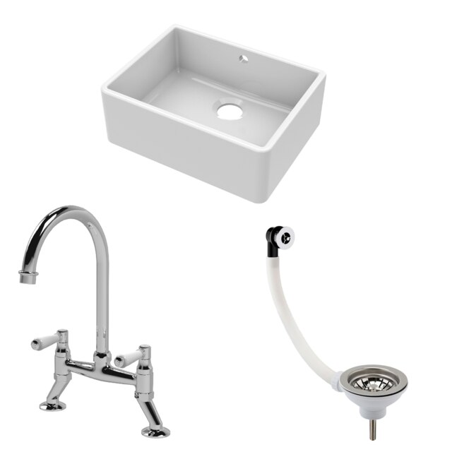 Fireclay Kitchen Bundle Single Bowl Butler Sink with Overflow, Waste & Bridge Mixer Tap, 595mm Chrome Finish by Balterley