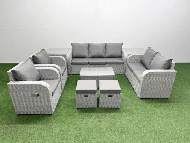 Fimous PE Rattan Garden Furniture Set Adjustable Chair Sofa Double Love Seat 2 Seater Sofa Lounge Set Oblong Coffee Table 2 Stools 2 Side Table Light Grey