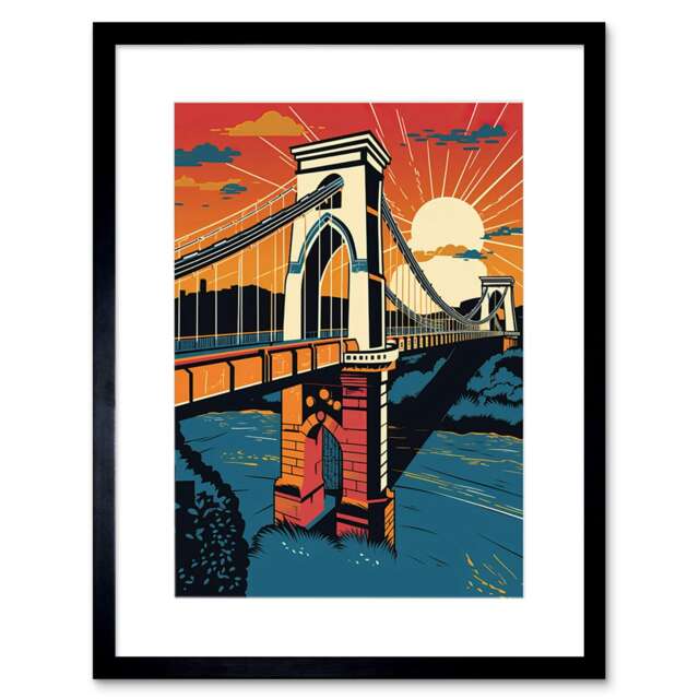 "Clifton Suspension Bridge Sunset Modern Pop 9x7"" Black Framed Wall Art Print"