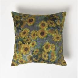 Homescapes Van Gogh Sunflowers Filled Velvet Cushion - 46 x 46 cm Cream Taupe 1