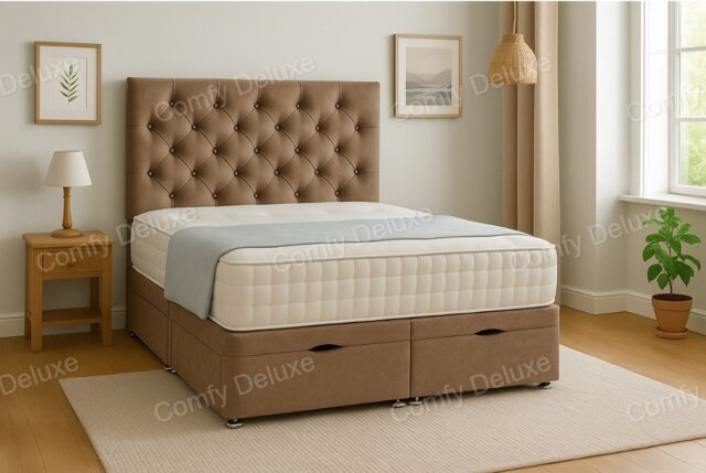 Ottoman Foot Lift Beige Naples 3ft Single Divan Bed With Mattress & Headboard