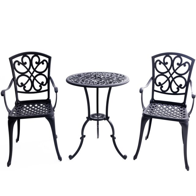Centurion VIVALDI 3-Piece Cast Aluminium Garden Bistro Set - Rust-Proof Round Table with Parasol Hole & 2 Generously Sized Armchairs - Baroque Design for Patio, Balcony & Conservatory (Black)