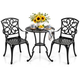 Centurion VIVALDI 3-Piece Cast Aluminium Garden Bistro Set - Rust-Proof Round Table with Parasol Hole & 2 Generously Sized Armchairs - Baroque Design for Patio, Balcony & Conservatory (Black)