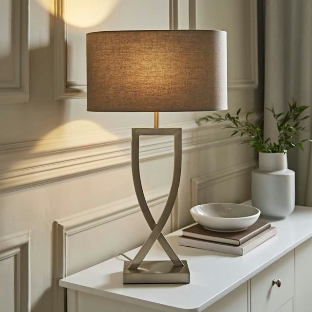ValueLights Katniss Brushed Chrome Table Lamp with Oval Shade Multi Grey