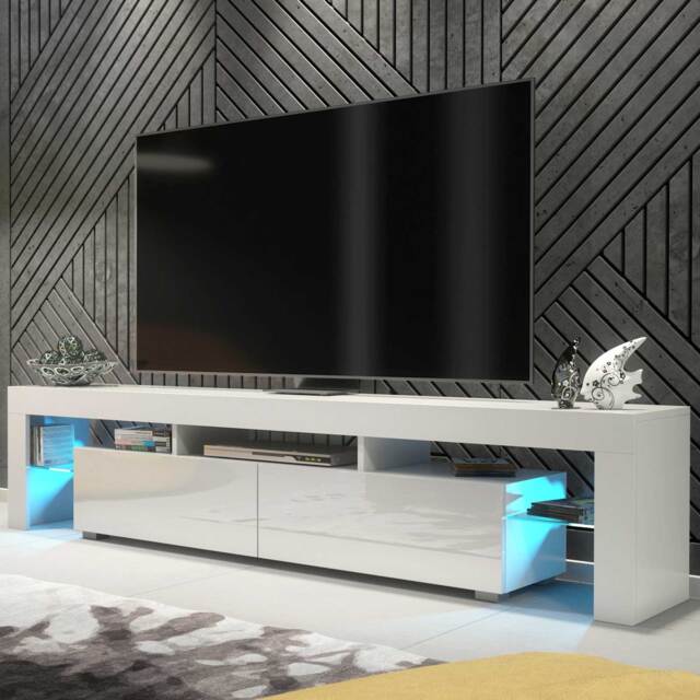 TV Stand TV Unit Cabinet Sideboard White High Gloss Doors Free LED 200cm