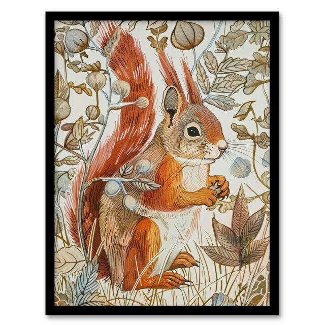 Red Squirrel Woodland Forest Floor Bright Home Decor Black Framed Wall Art Print A4