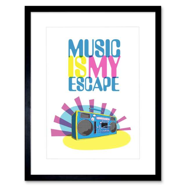 "Music Escape Bright Retro Boombox Radio Music Player 9x7"" Black Framed Wall Art Print"