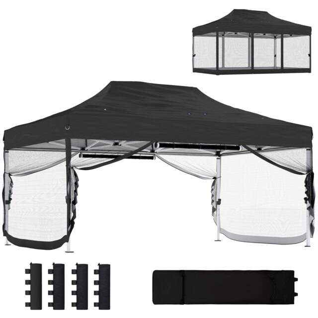 Outsunny 3 x 4.5 m Pop Up Gazebo with Mesh, Heavy Duty Party Tent Marquee Black Black 450 x 300 x 340 cm