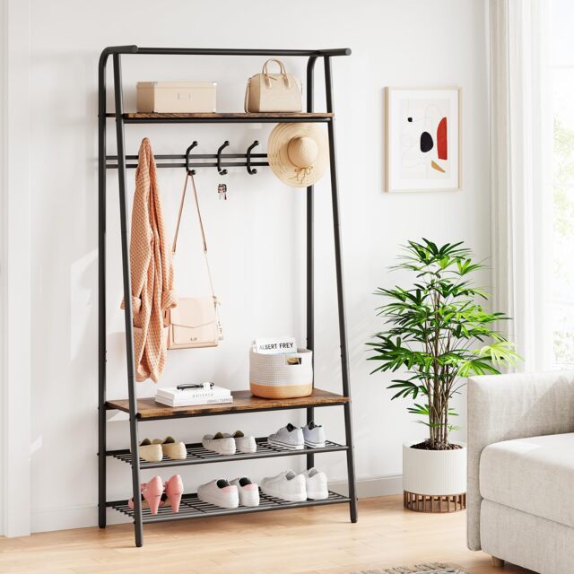London Boutique Metal Coat Rack with Shoe Bench Hooks Entryway Hall Tree Organizer for Hallway Bedroom, (W)80cm (H)180cm (D)29cm