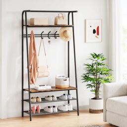 London Boutique Metal Coat Rack with Shoe Bench Hooks Entryway Hall Tree Organizer for Hallway Bedroom, (W)80cm (H)180cm (D)29cm