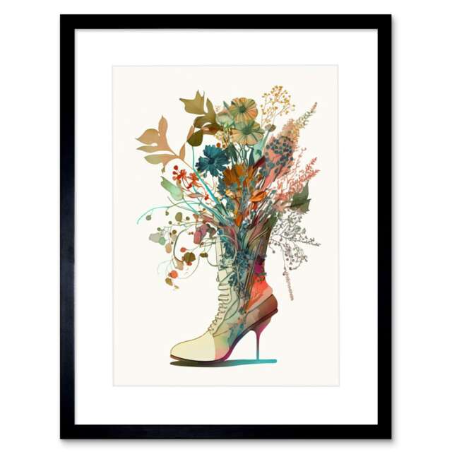 "Wildflower Bouquet a Stiletto Heel Combat Boot 9x7"" Black Framed Wall Art Print"