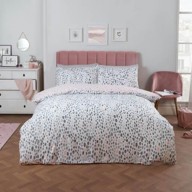 OHS Dalmatian Print Duvet Cover and Pillowcase Set, Double - Blush Pink/Grey