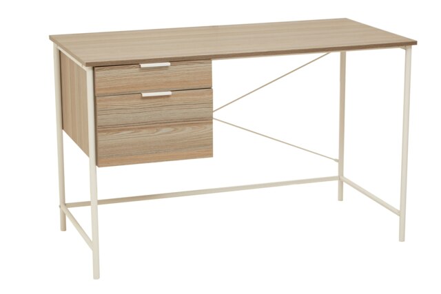 Light Oak Veneer Desk With Drawers,Modern Office Desk With White Metal Frame For Organization,Storage Desk Brown