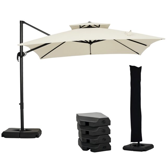Outsunny 360 Degree Cantilever Parasol Roma Umbrella with Base Weight, Beige White Beige