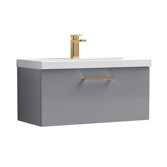Balterley Wall Hung Bathroom 1 Drawer Vanity Unit and 1 Tap Hole Ceramic Basin, with Handle Grey Satin Grey