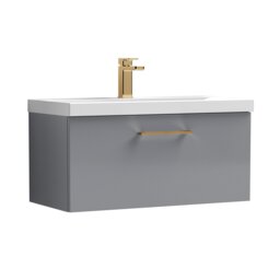 Balterley Wall Hung Bathroom 1 Drawer Vanity Unit and 1 Tap Hole Ceramic Basin, with Handle Grey Satin Grey