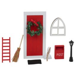 9Pcs Miniature Wooden Elf Christmas Village Scene Red & White Door Decoration Multi Multicoloured Lamp Post