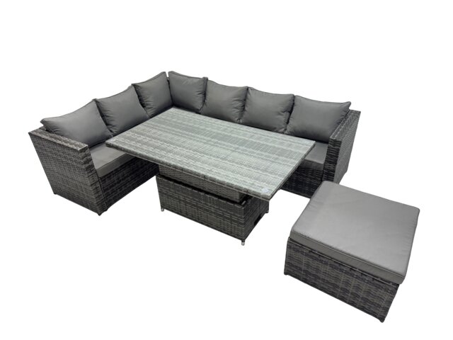 Fimous 7-seater Height Adjustable Rising Lifting Table Corner Sofa Set Rattan Garden Furniture Dining Set with Big Stool Dark Grey Mixed