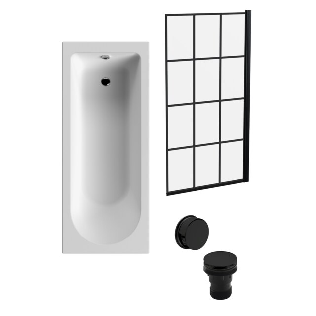 Round Single Ended Bath Tub, Black Framed Screen, Black Waste - 1700 x 700mm White