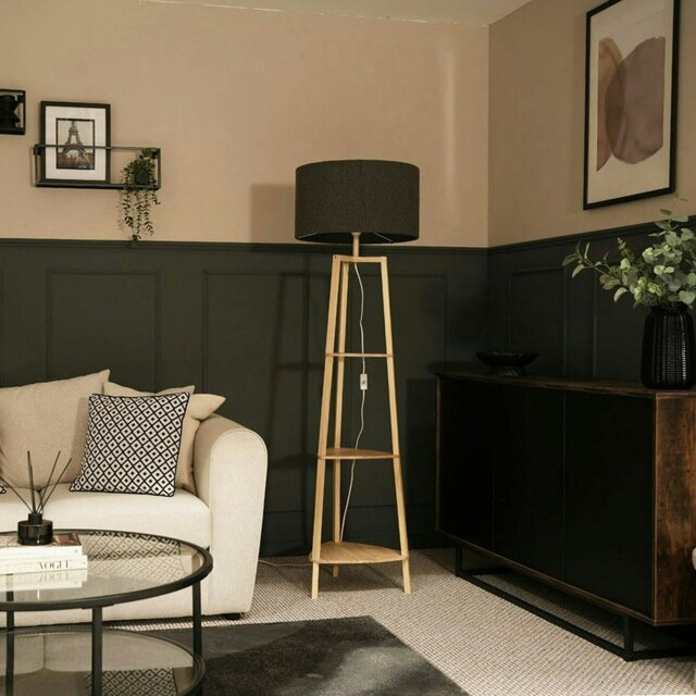 ValueLights Hiru Wooden 3 Tier Shelf Floor Lamp Charcoal Boucle Shade & Bulb Brown Charcoal