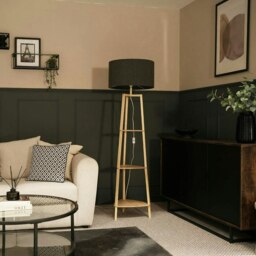 ValueLights Hiru Wooden 3 Tier Shelf Floor Lamp Charcoal Boucle Shade & Bulb Brown Charcoal
