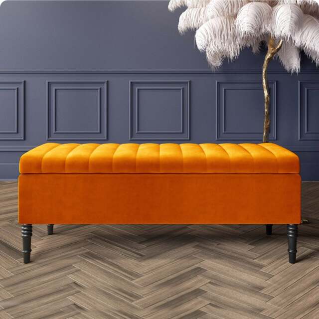 120cm Paris Striped Ottoman Storage Bench- Plush Velvet Shoe Bench - Burnt Orange Upholstery Footstool with Storage
