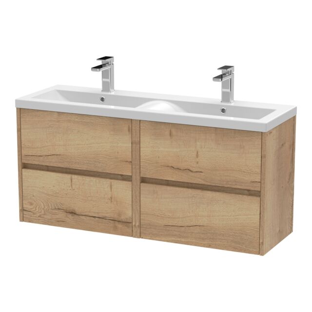 Balterley Chartley Contemporary 4 Drawer Wall Hung Vanity Unit with Double Basin, Autumn Oak, 1200mm
