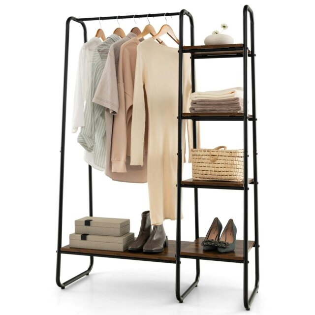 COSTWAY Metal Garment Rack 4-Tier Closet Storage Organizer Brown One Size