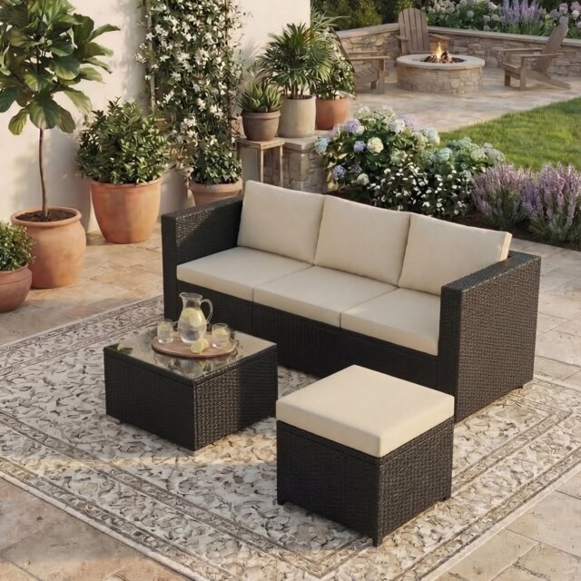 Garden Vida Hampton 4 Seater Corner Rattan Set Sofa Coffee Table Outdoor Garden Furniture, Black