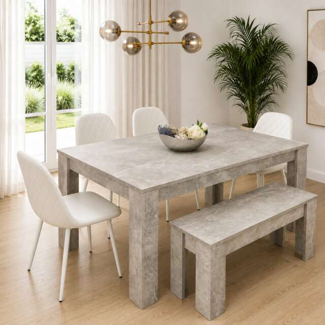 KOSY KOALA Wooden Rectangle Dining Table Set With 4 white Chairs And Bench Stylish Dining Room Set