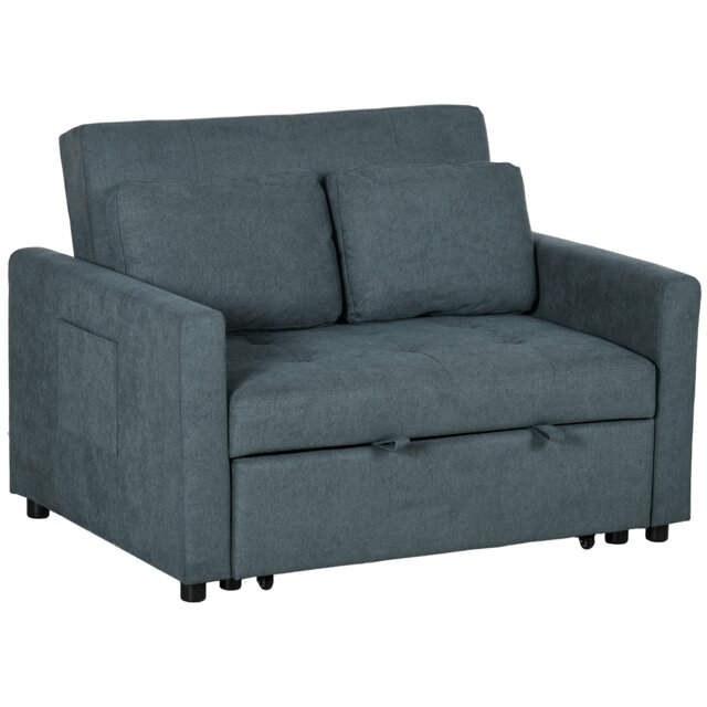 HOMCOM 2 Seater Sofa Bed, 120 cm Convertible Bed Settee, Modern Fabric Loveseat Sofa Couch with 2 Cushions, Side Pockets for Living Room, Guest Room, Charcoal Grey