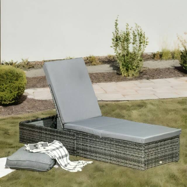 Rattan Sun Lounger For Garden Reclining Deck Bed With Cushion Grey Grey