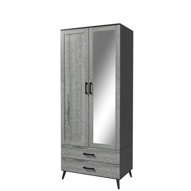 2-Door 2-Drawer Mirror Wardrobe with Legs Black Black & Ash Grey 55 x 9.5 x 149 1