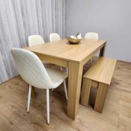KOSY KOALA 6 Seater Modern Light Wood Dining Table Set with 4 Cream Plastic Chairs and Bench H75 x L140 x W80 cm
